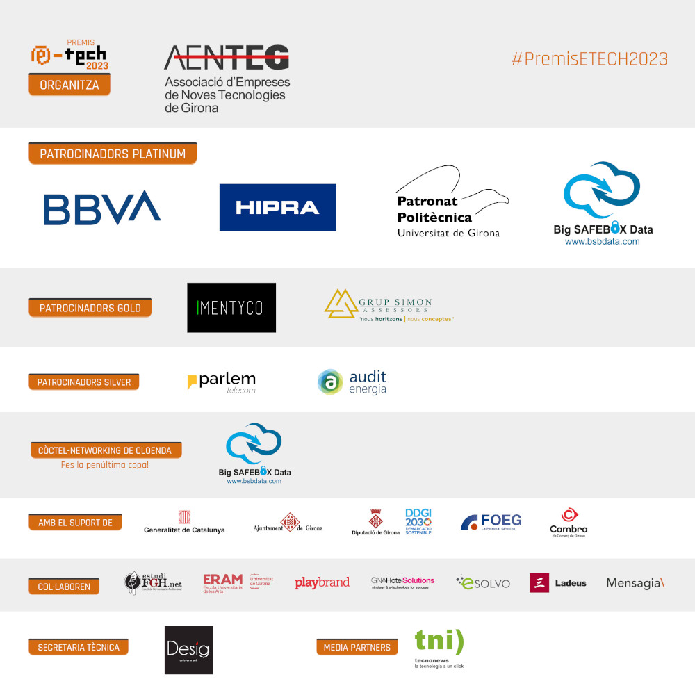 Faldó amb tots els patrocinadors i col·laboradors dels Premis E-TECH 2023